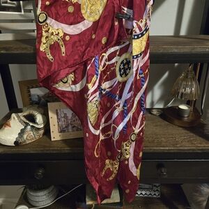Silky Red Gold Print Scarf